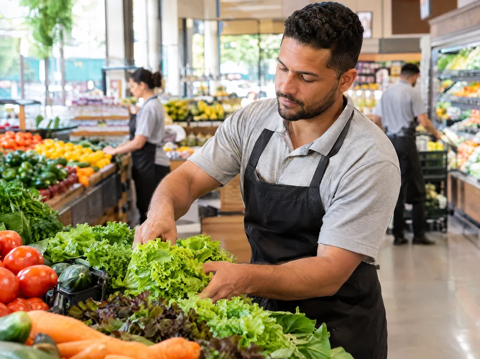 Repositor organizando hortifrúti em supermercado — imagem ilustrativa